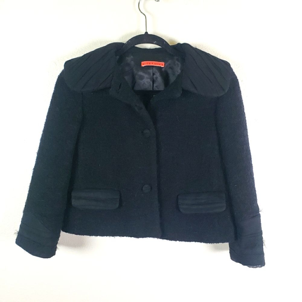 Alice + Olivia Women's Black Wool Chiffon Mesh Three Button Jacket Size SM